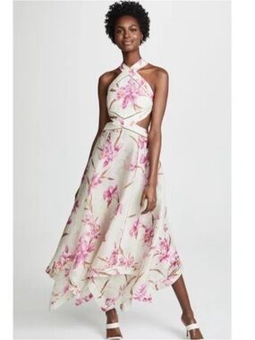 NWT  Zimmermann Cream Halter Floral High-Low Dress with Pink Blooms